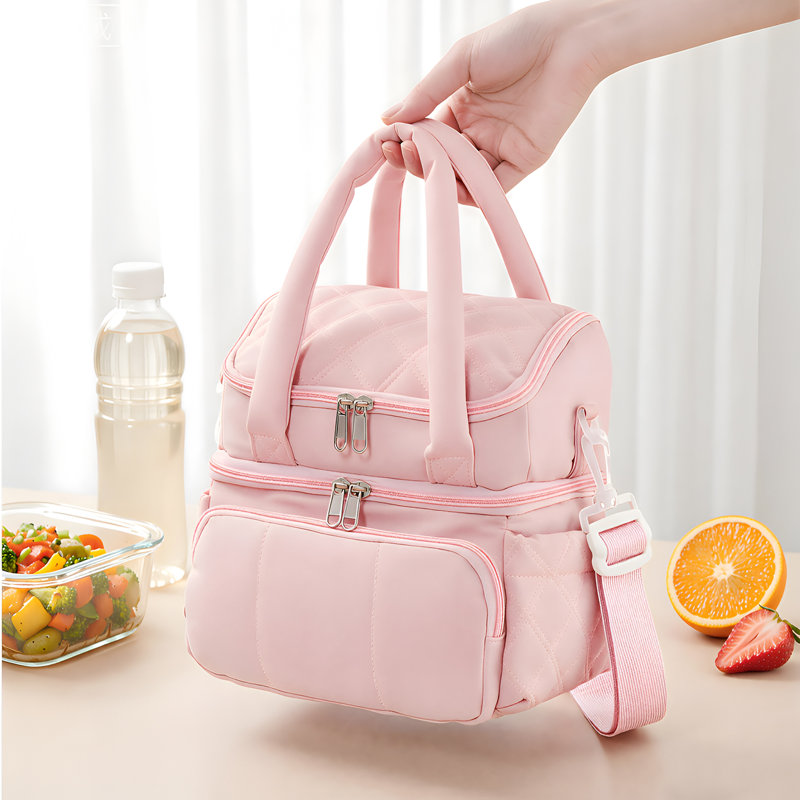 Double Layer Portable Insulated Lunch Bag, Pink