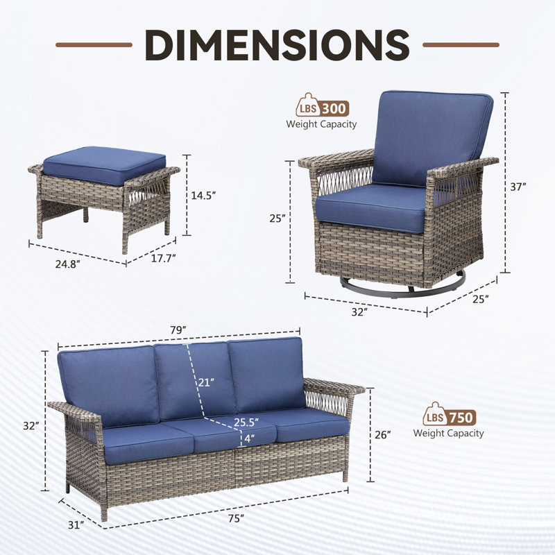 Anferney 5-Piece Outdoor Patio Sofa Conversation Set With Swivel Chairs, Blue