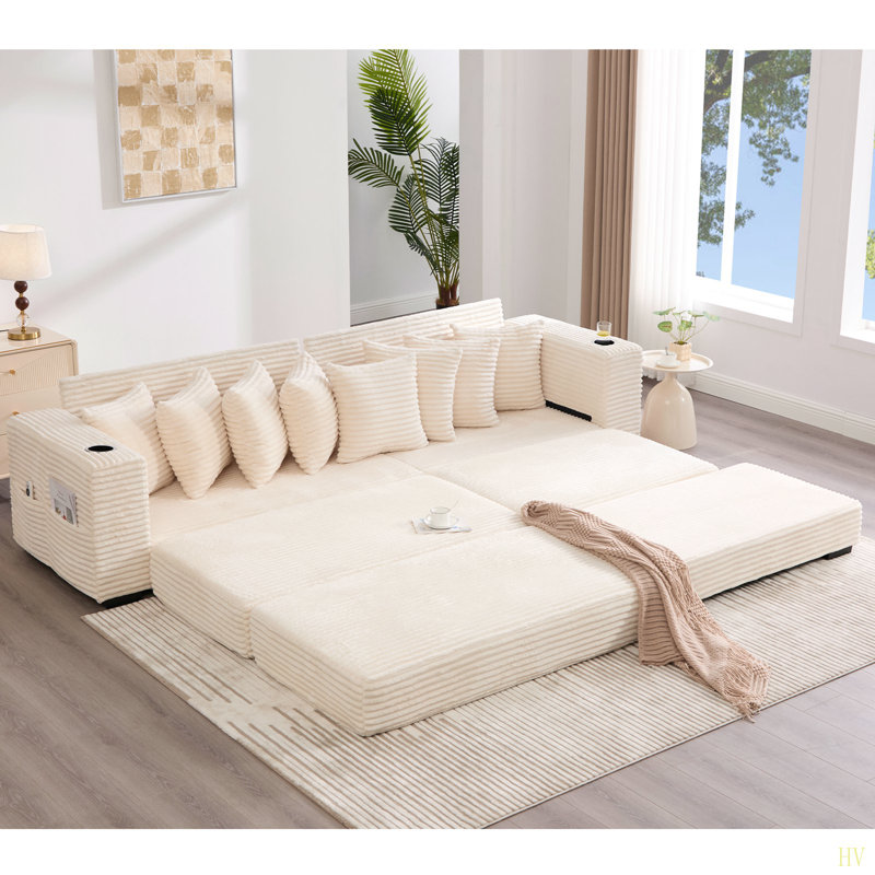 Canapé modulaire en L 110,75 po, canapé modulaire en velours côtelé, avec repose-pieds mobile, porte-gobelets, 8 coussins décoratifs, poche latérale, déplier dans un lit