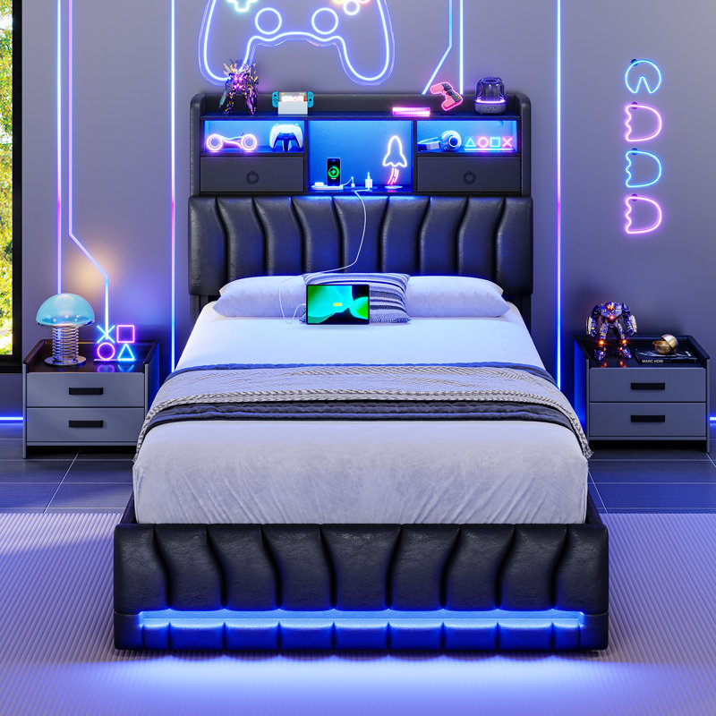 Twin Bedroom Bed Frame With Hidden Storage Headboard And Two Large Drawers; Gaming Bed With Rgb Lighting And Charging Station; Leather Upholstered Platform Bed; E-sports Style Bed; No Spring Mattress Required; Black.