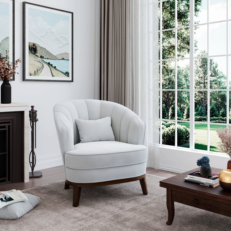 Upholstered Barrel Accent Chair With Throw Pillow, White