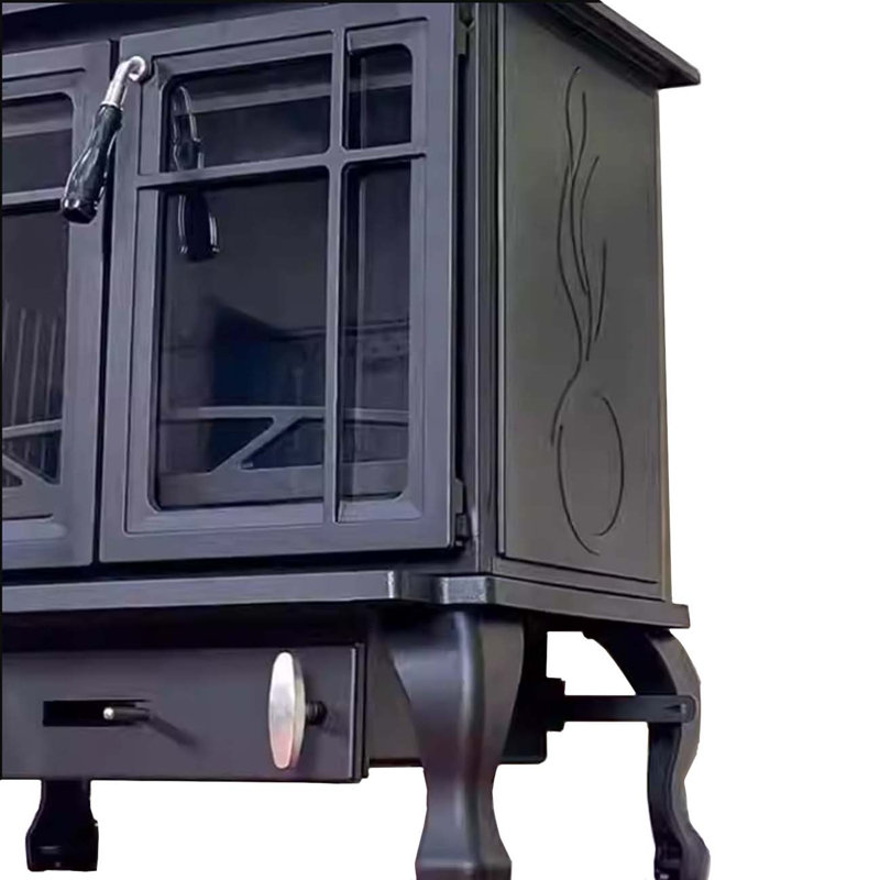Real firewood heating room with cast iron fireplac