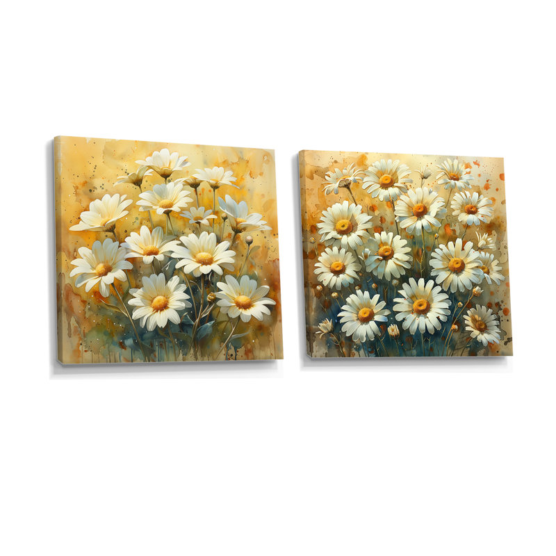 Jaune et blanc, marguerites d'été, fleurs, explosion III - marguerites, art mural - ensemble de 2 décorations murales traditionnelles