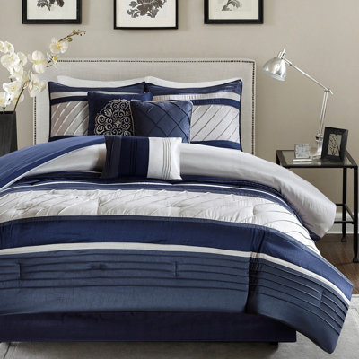 Édredon 7 pièces pour grand lit bleu marine - Literie traditionnelle en fausse soie, rembourré, toutes saisons, lavable, avec tissu en soie