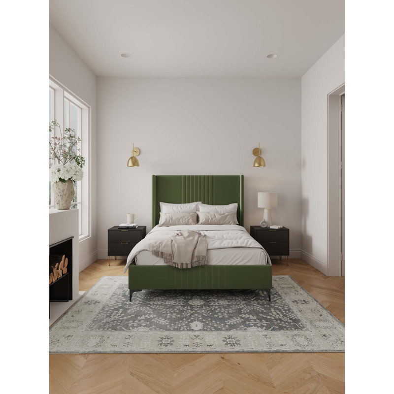 Lit plateforme en velours vert eucalyptus Promade Mid-Century, Double, Vert mousse