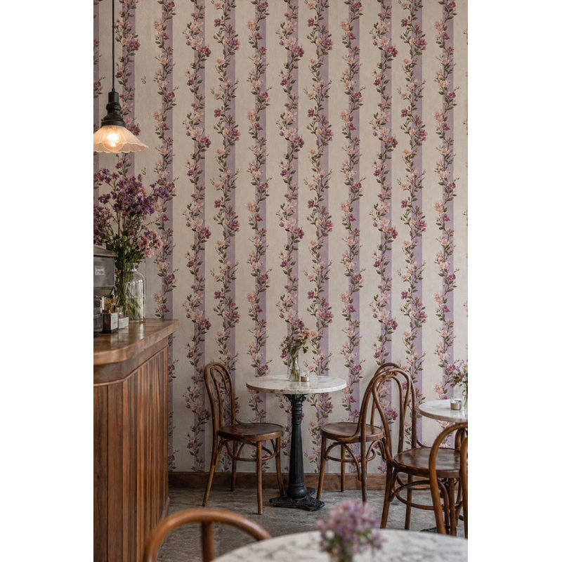 Papier peint floral avec rayures mauves, décoration murale jardin romantique, Textured Non-Pasted