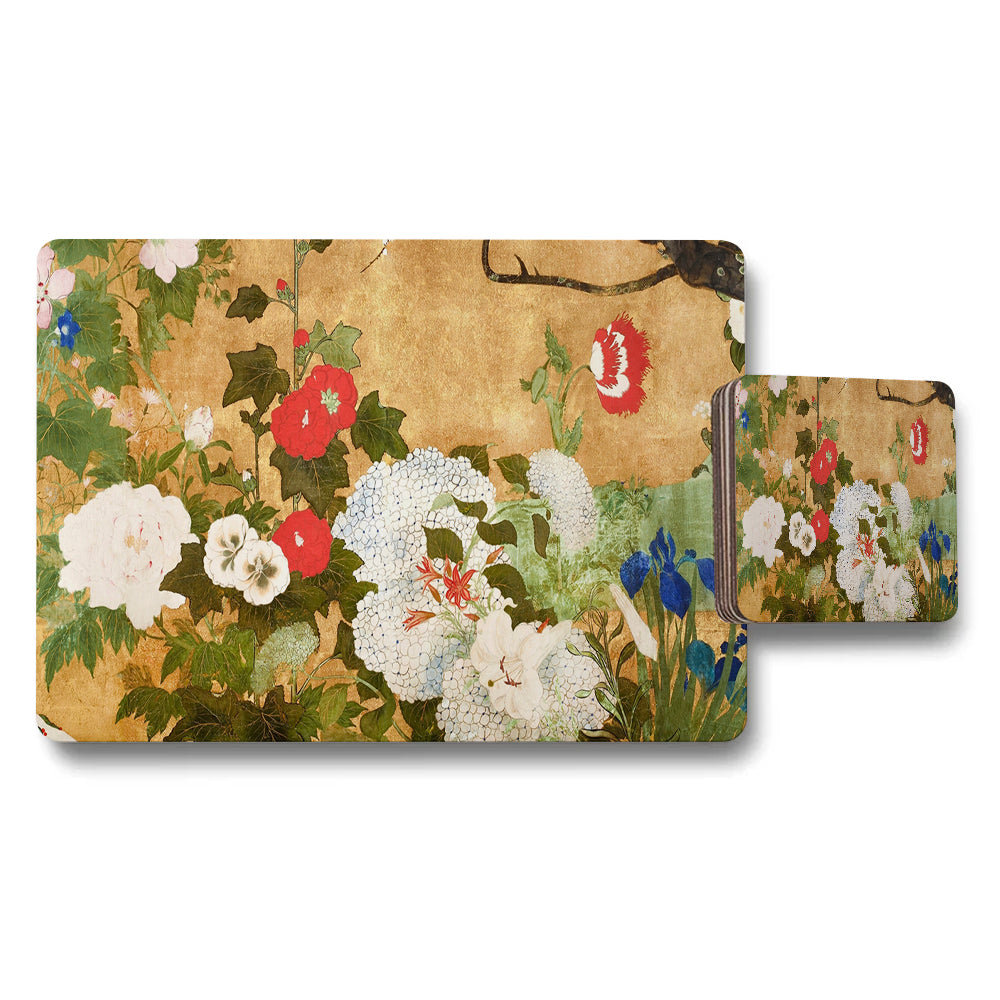 Vintage Floral Placemat And Coaster Set With Gold Background