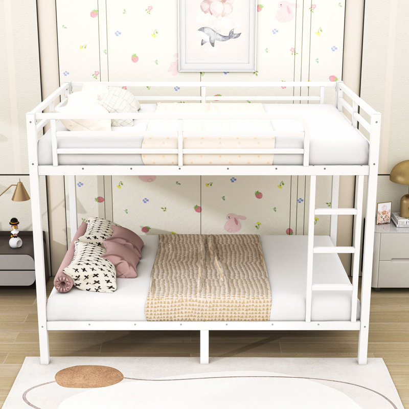 Metal Bunk Bed With Guardrails And Ladder, White, Full XL