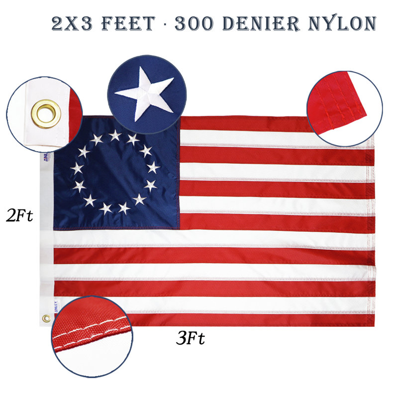 Betsy Ross 2x3 Foot Red White Blue Embroidered Nylon Flag