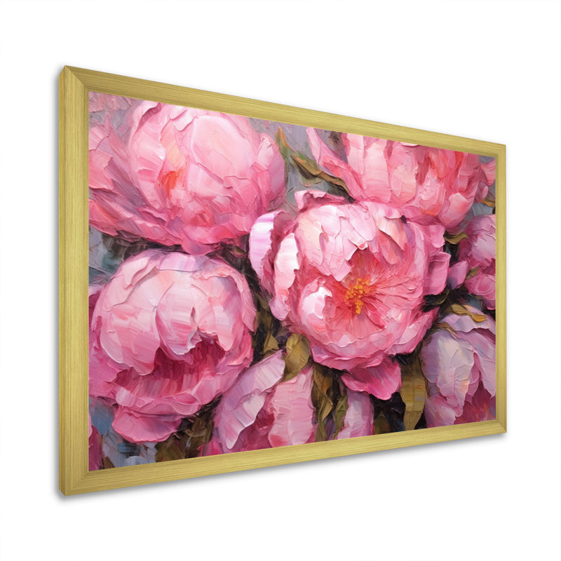 Pivoine rose I - art mural floral, Cadre photo doré simple, H 16 po x l 32 po x P 1 po
