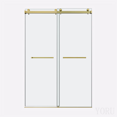 Porte de douche coulissante double sans cadre 66 po x 66 po, porte de douche double, verre trempé Sgcc 3/8 po (10 mm), acier inoxydable, or brossé