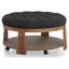 Rond avec capitonnage à boutons profonds, revêtement en lin et tablette inférieure ouverte, bois massif, finition rustique, tablette gris foncé l 40,15 po pour le salon-129472108