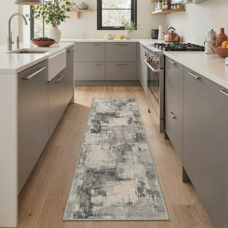 Ethereal Abstract Machine Washable Grey / Black / Beige Indoor Area Rug with Non-Slip Backing, Runner 2' x 7'