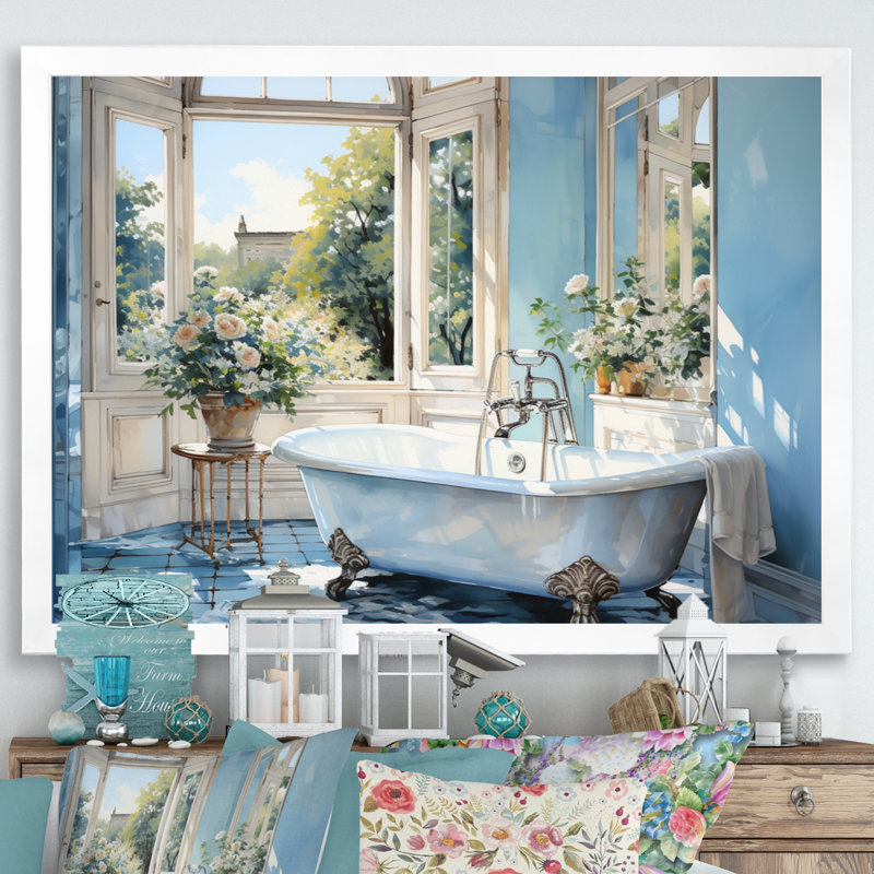 «Bathroom Tranquil Reflections I» - décoration murale pour salle de bain, H 30 po x l 40 po x P 1,5 po, Cadre simple blanc