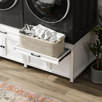 Universal Laundry Pedestal With Iron Frame, Drawers & Adjustable Feet – Holds 2 Machines Up To 330 Lbs Each