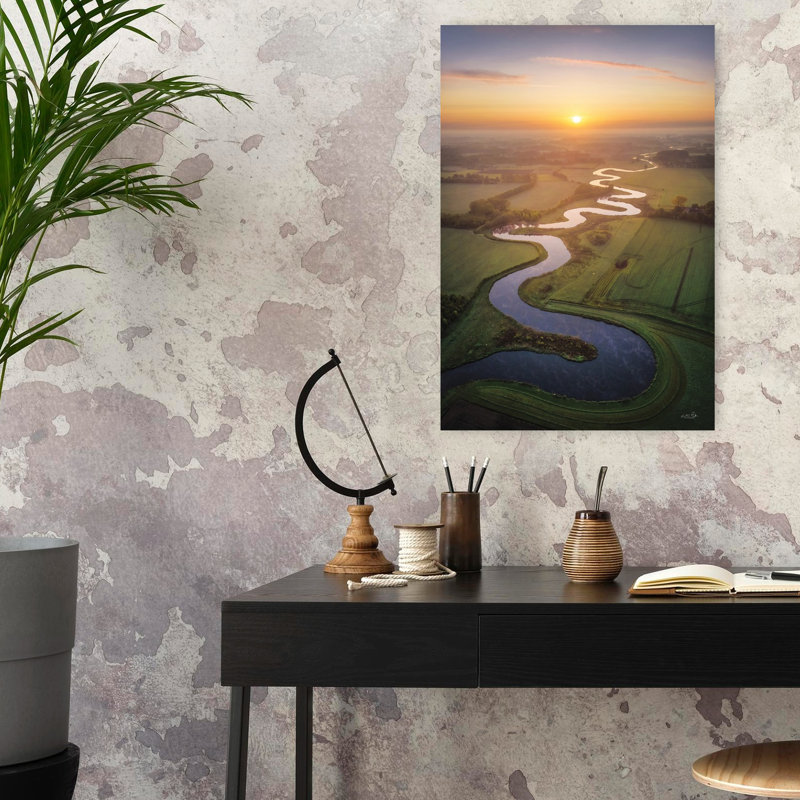 Coucher de soleil sur une rivière sinueuse, art contemporain au coucher du soleil, H 24 po x l 16 po