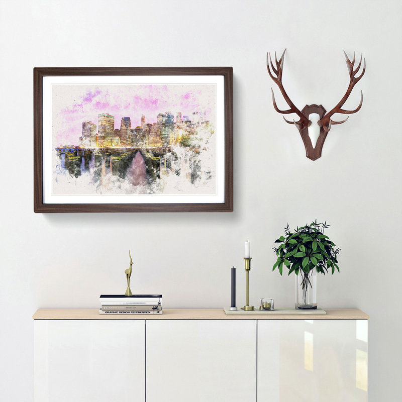 Manhattan from Brooklyn Bridge Watercolour - Picture Frame Graphic Art Print, 33cm H x 45cm W x 2cm D, Walnut Framed