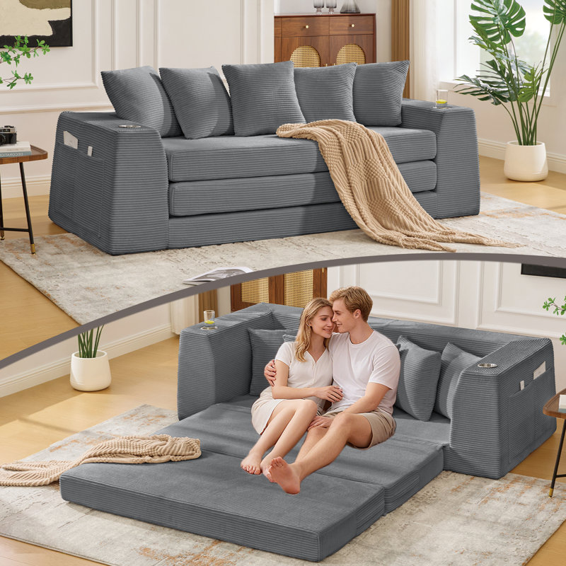 [Nouveauté] [Vidéo fournie] Canapé-lit convertible de 82,25 po, causeuse, canapé 2 en 1, canapé-lit en velours côtelé, 5 coussins, poche latérale, sans assemblage, deux porte-gobelets, accoudoirs larges, 3 sièges, gris foncé