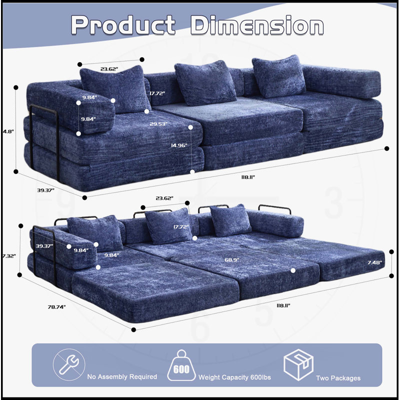 Canapé à compression, canapé-lit convertible au sol avec structure de forme fixe, canapé modulaire désossé, sans assemblage, tissu chenille, pour le salon et la chambre à coucher, bleu foncé