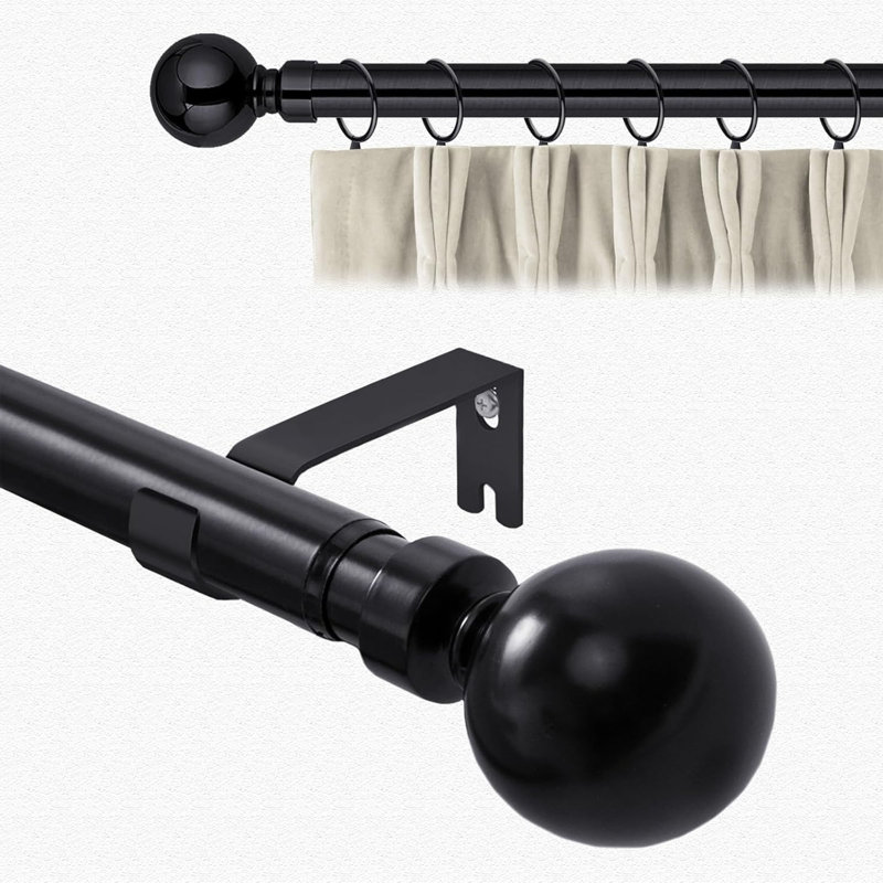 Curtain Poles Metal Plain Ball Extendable Curtain Pole 160 Cm To 300 Cm, Matte Black