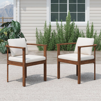 Delara Modern Transitional Acacia Wood Outdoor Dining Chair with Curved Arms and Cushions