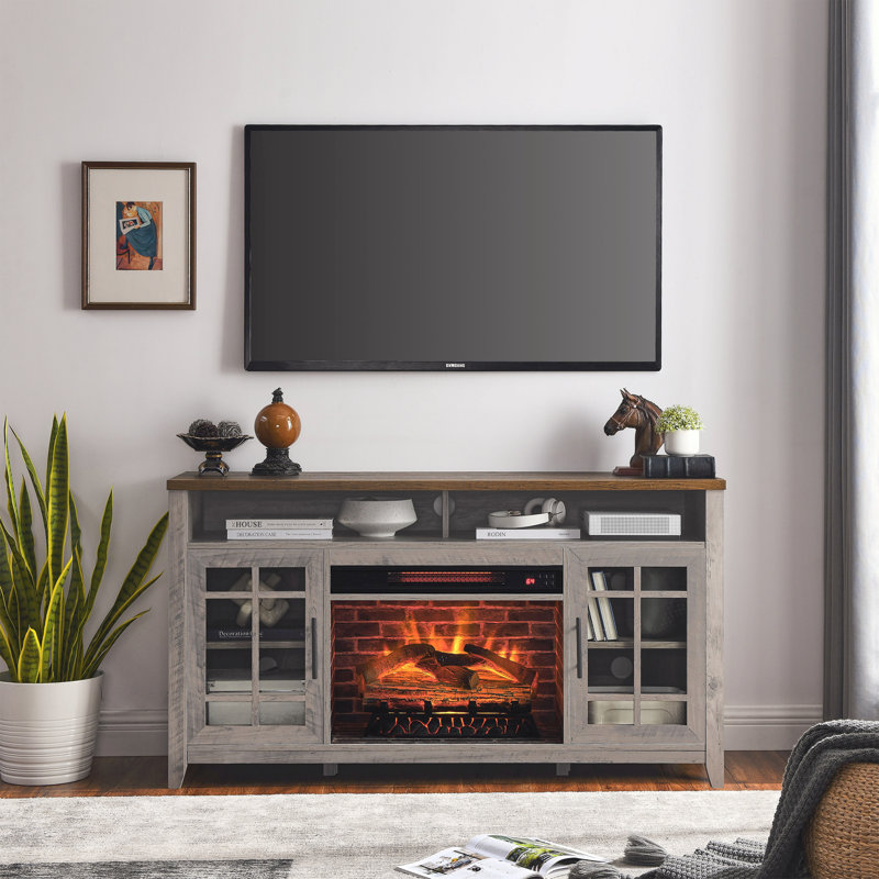 TV Media Stand with Electric Fireplace KD Inserts Heater,Gray Wash Color, Gray Wash
