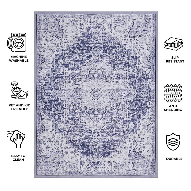 Blue and Gray Silk Washable Traditional Area Rug - 3x5