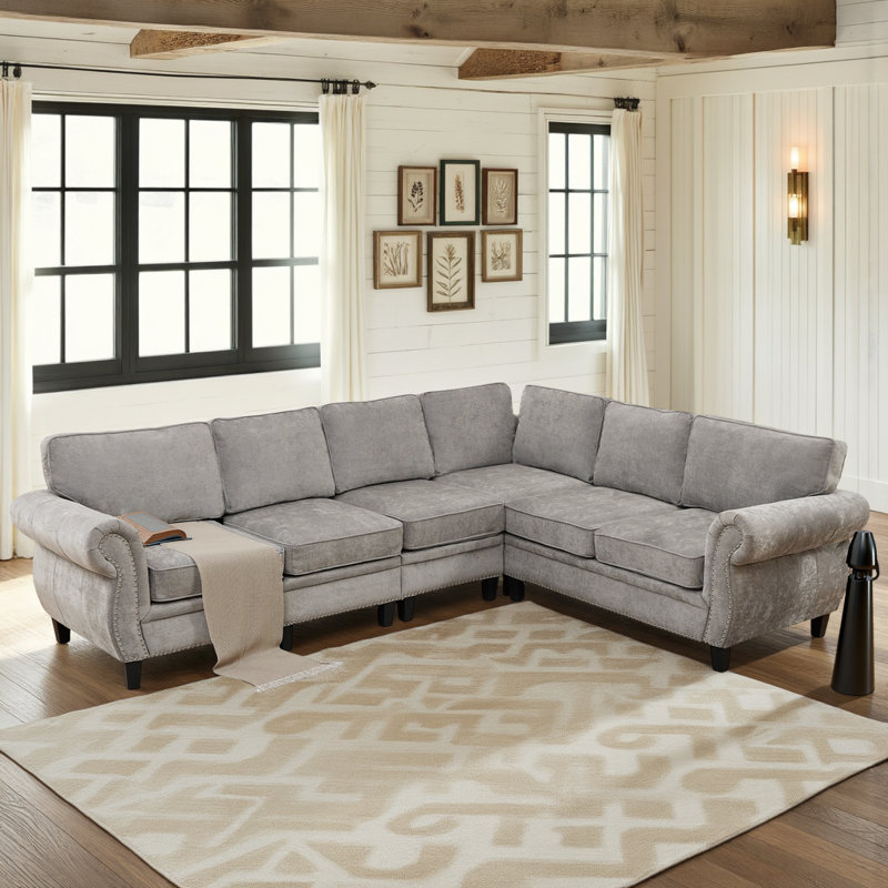 Modular 109.5" Sectional Sofa with Soft Cushions, Grey Polyester
