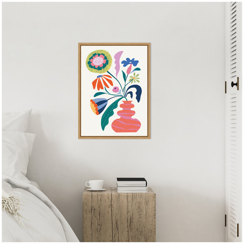«Retro Whimsical Floral Vase» par Rachel Lee, 3 oiseaux, reproduction d'art sur toile encadrée