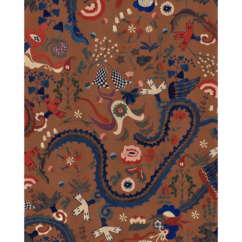 DRAGON FLOWER Gloden Brown Wallpaper, Brown/Blue/Red