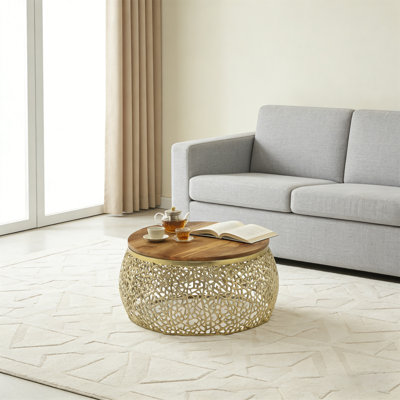 Table basse en aluminium avec plateau en bois de manguier