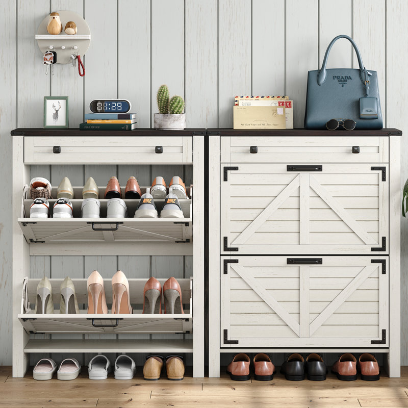 16 Pair Shoe Storage Cabinet with 2 Flip Drawers,Farmhouse Shoe Cabinet for Entryway, White/Dark Brown
