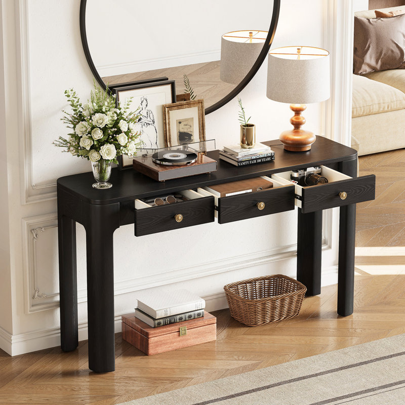 Console rustique avec coins arrondis pour la sécurité, table d'entrée avec 3 tiroirs dissimulés, table de canapé robuste avec des pieds épais pour le couloir et le salon