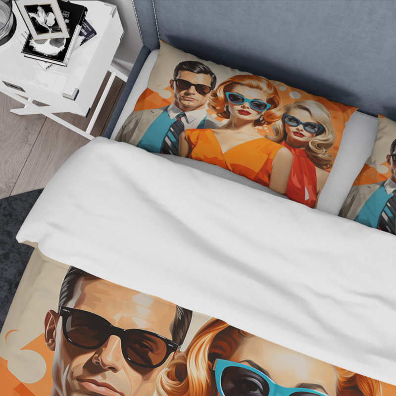 Ensemble de housse de couette orange en microfibre / polyester Mid Century Retro Portraits II