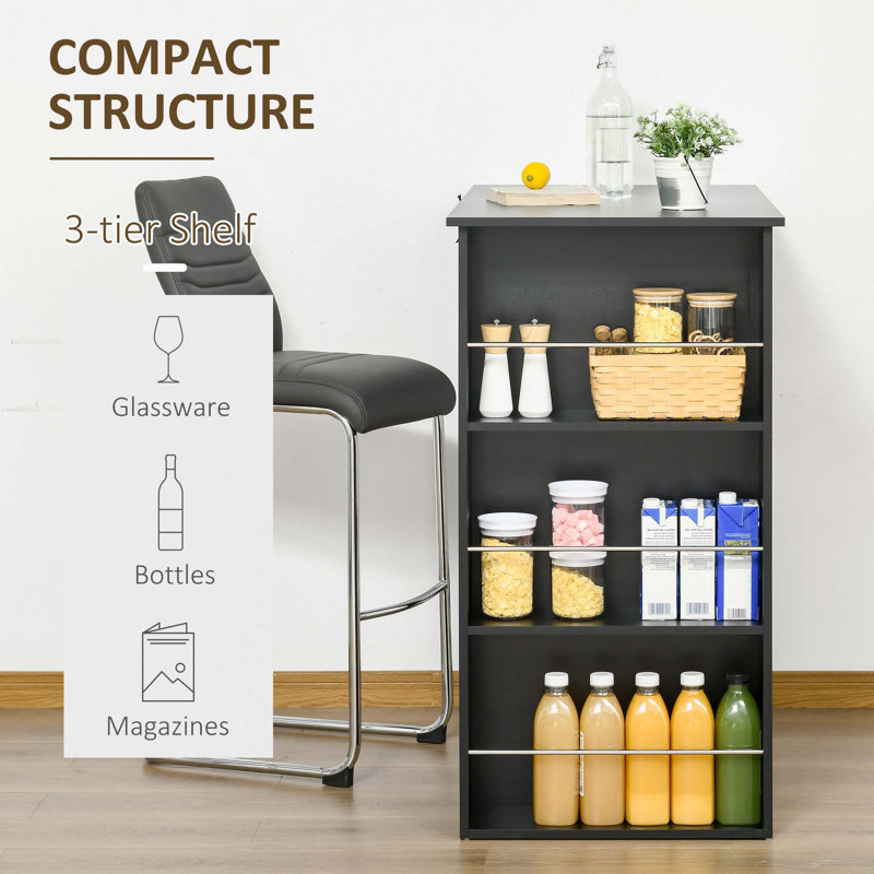 Black Wood Counter Height Bar Table with Storage Shelves