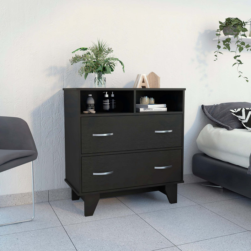 Commode 2 tiroirs Portobelo, 2 tablettes, plateau supérieur, 4 pieds