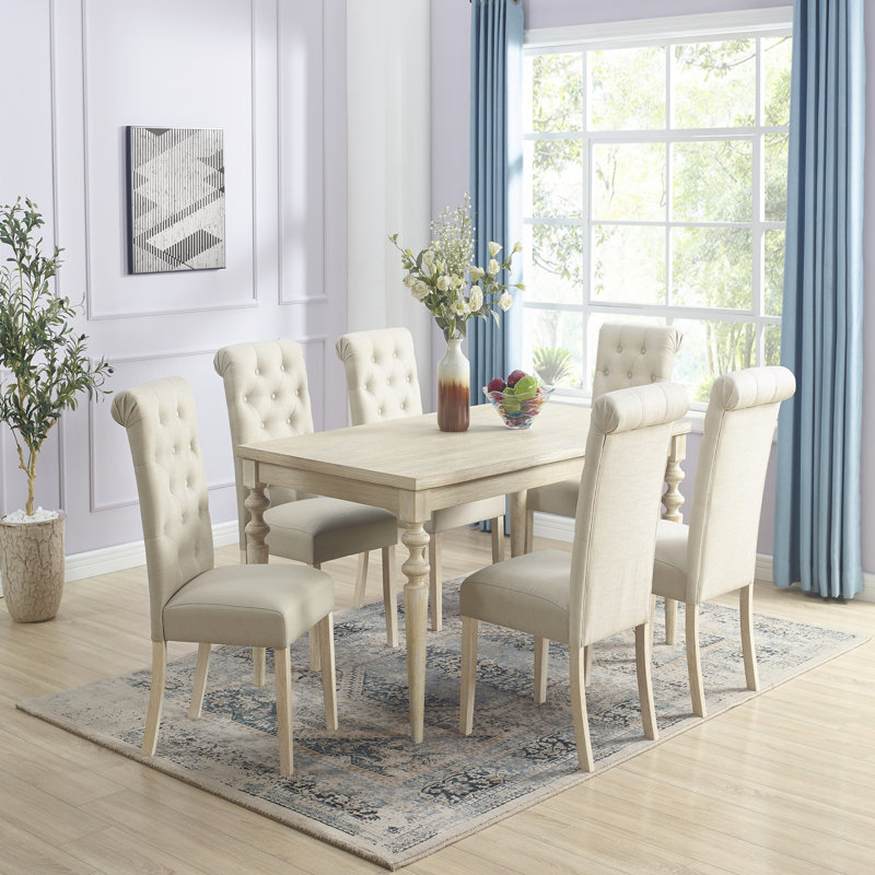 7-piece Dining Set, Turned-Leg Dining Table with 6 Tufted Chairs, Beige, 7