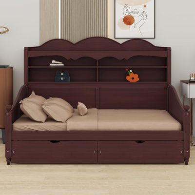Classic Wooden Daybed with Storage Drawers and Decorative Headboard Shelving