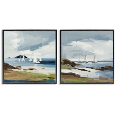 «Nautical Sea Vessels Beach View», ensemble de 2 impressions sur toile encadrées, design par Elara Yasna