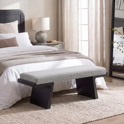 Anneus Gray Cotton Linen Upholstered Entryway Bench with Black Wood Base
