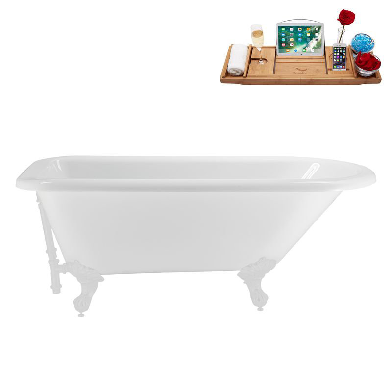 62" Streamline Clawfoot Tub,Tray,Drain, Clawfeet, Glossy White, Glossy White