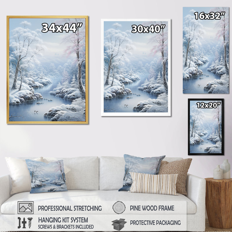 «Winter River Snow Charm Landscape III», reproduction sur toile, Cadre simple argenté, H 32 po x l 16 po x P 1 po