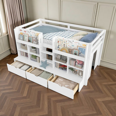 Lit simple mezzanine pour lit simple avec tablettes de rangement et tableau noir