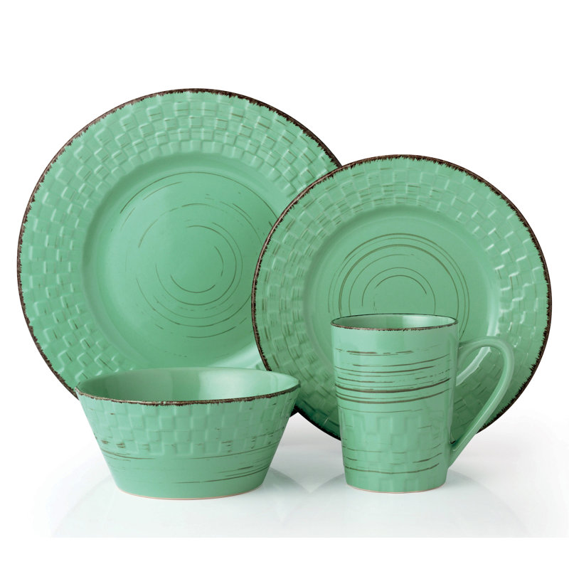 16 Piece Pistachio Green Ceramic Dinnerware Set with Distressed Weave