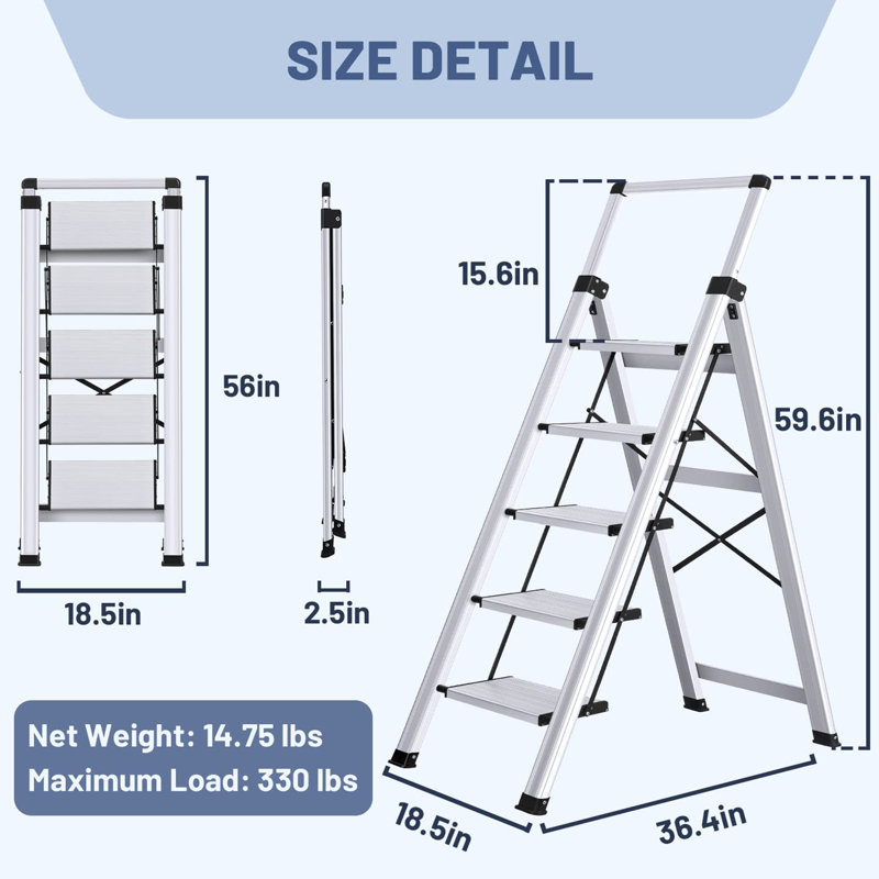 Escabeau pliant en aluminium à 5 marches, Argent