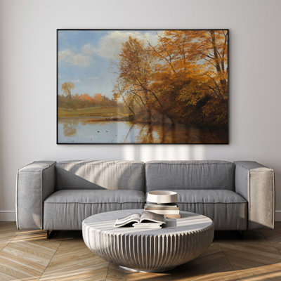 Très grand reproduction d'art sur toile - Paysage de rivière d'automne avec arbres dorés et reflet de l'eau, décor de scène naturelle pour le salon ou la chambre à coucher «Assemblage requis (cadre non fini)»