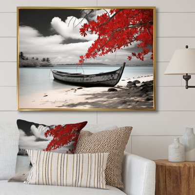 Hawaii Red And Grey Monochrome Boat I - Hawaii Wall Art Living Room