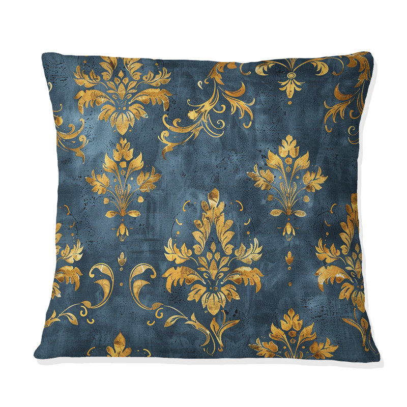 Coussin décoratif damassé indémodable bleu et doré II, H 16 po x l 16 po