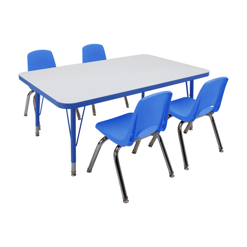 Ensemble de 5 tables d'activités rectangulaires effaçables à sec 30 "x 48" avec pieds standards et chaises empilables 12 "avec glissières pivotantes - tableau blanc / bleu