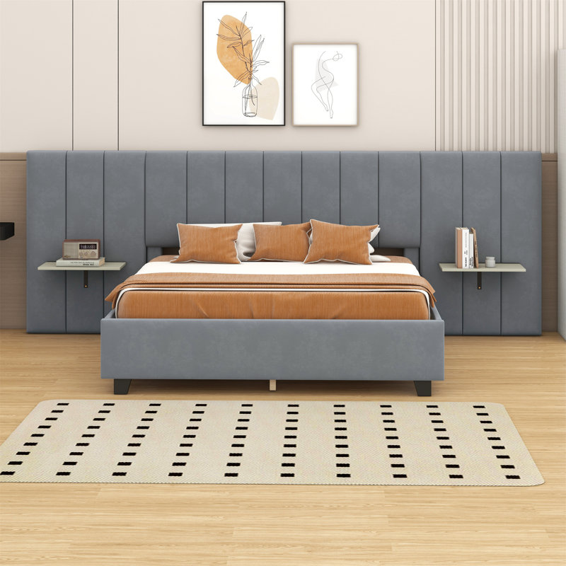Lit plateforme tapissier avec grande tête de lit, Gris, Grand lit